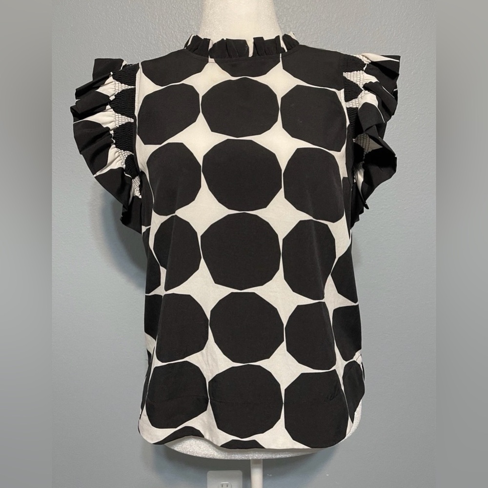 JODIFL Ruffle Sleeve Blouse Black & White Polka Dot Ruffle Sleeve Mod Chic Small - Picture 1 of 7
